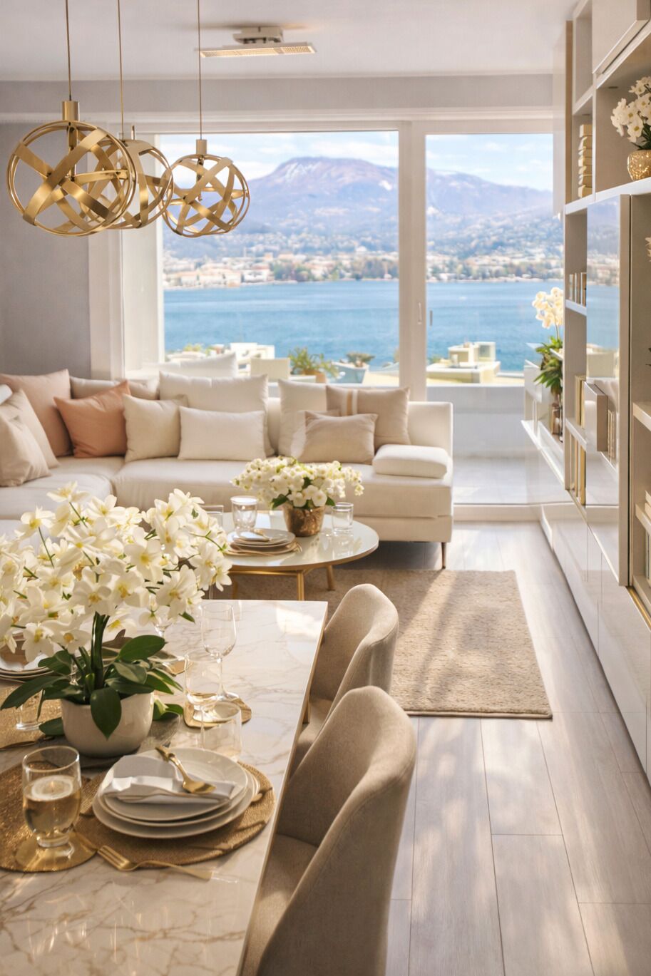 Luxuriöses Wohnzimmer mit Essbereich und Seeblick