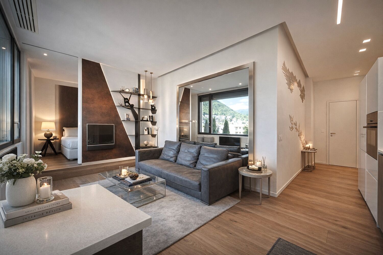 Modernes Wohnzimmer mit Bergblick