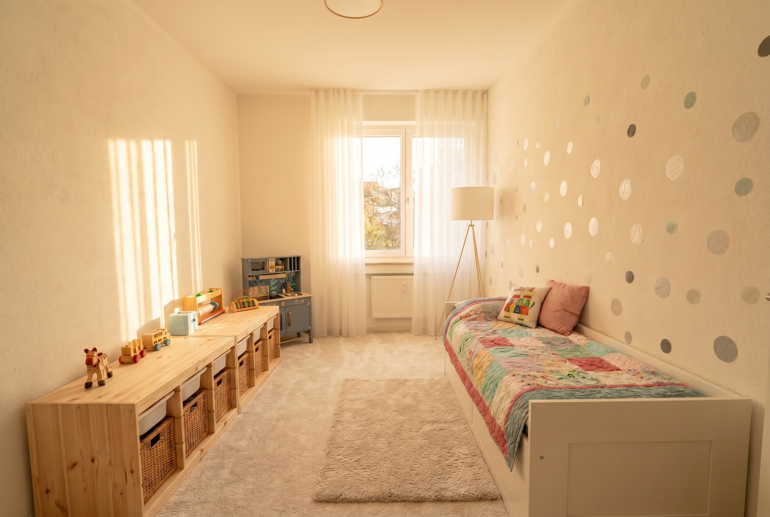 Helles Kinderzimmer mit Spiel- und Schlafbereich