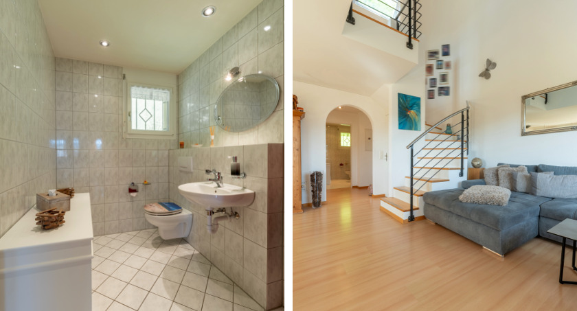 Badezimmer und offener Wohnbereich