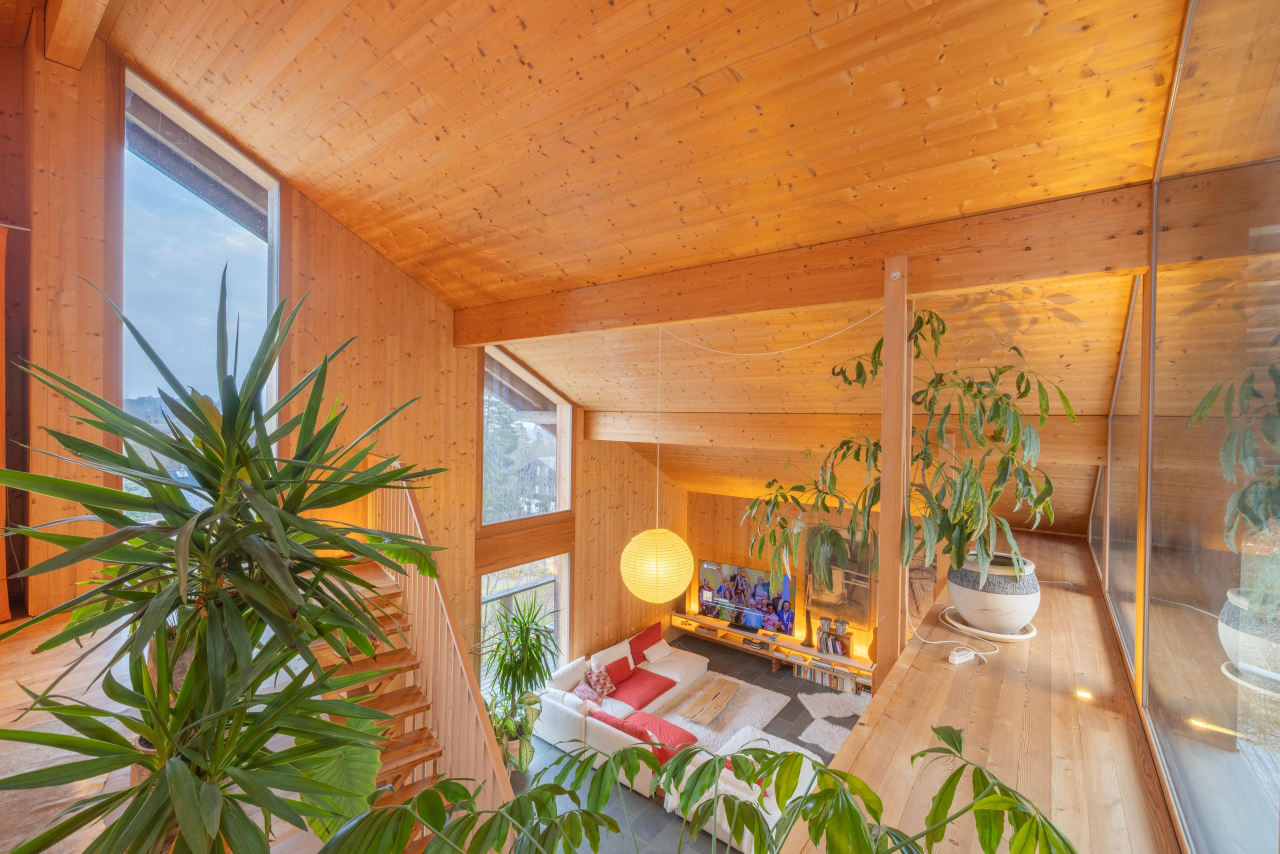 Wohnbereich mit Holzverkleidung und Galerie