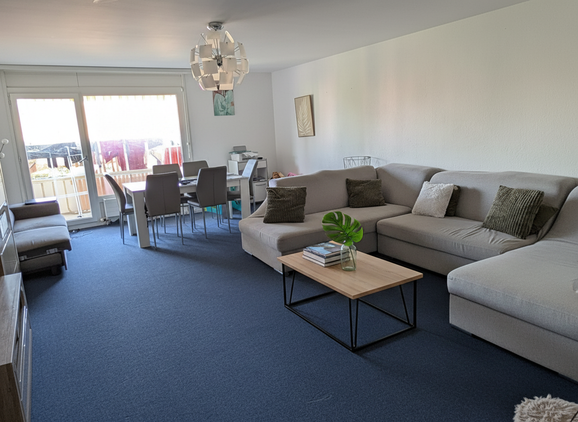 Wohnzimmer mit Essbereich und Balkonzugang