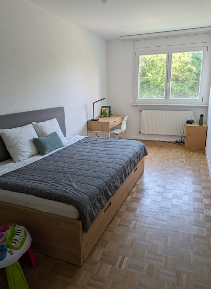 Helles Schlafzimmer mit Schreibtisch und Blick ins Grüne