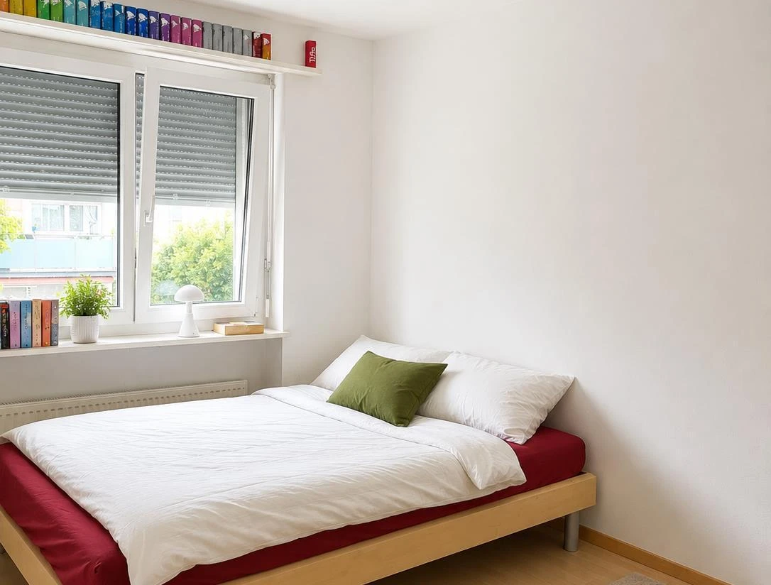 Helles Schlafzimmer mit Einzelbett am Fenster