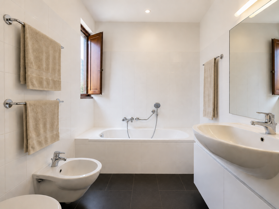 Modernes Badezimmer mit Badewanne und Doppel-WC