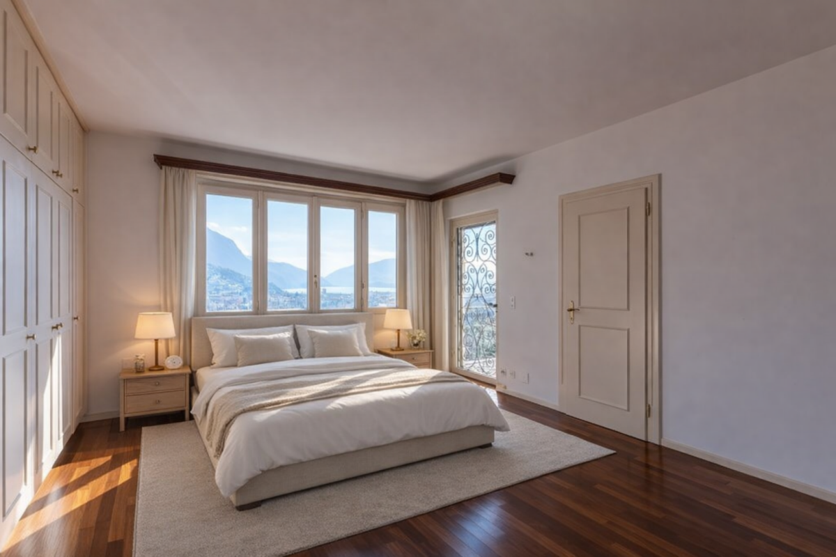 Helles Schlafzimmer mit Bergblick