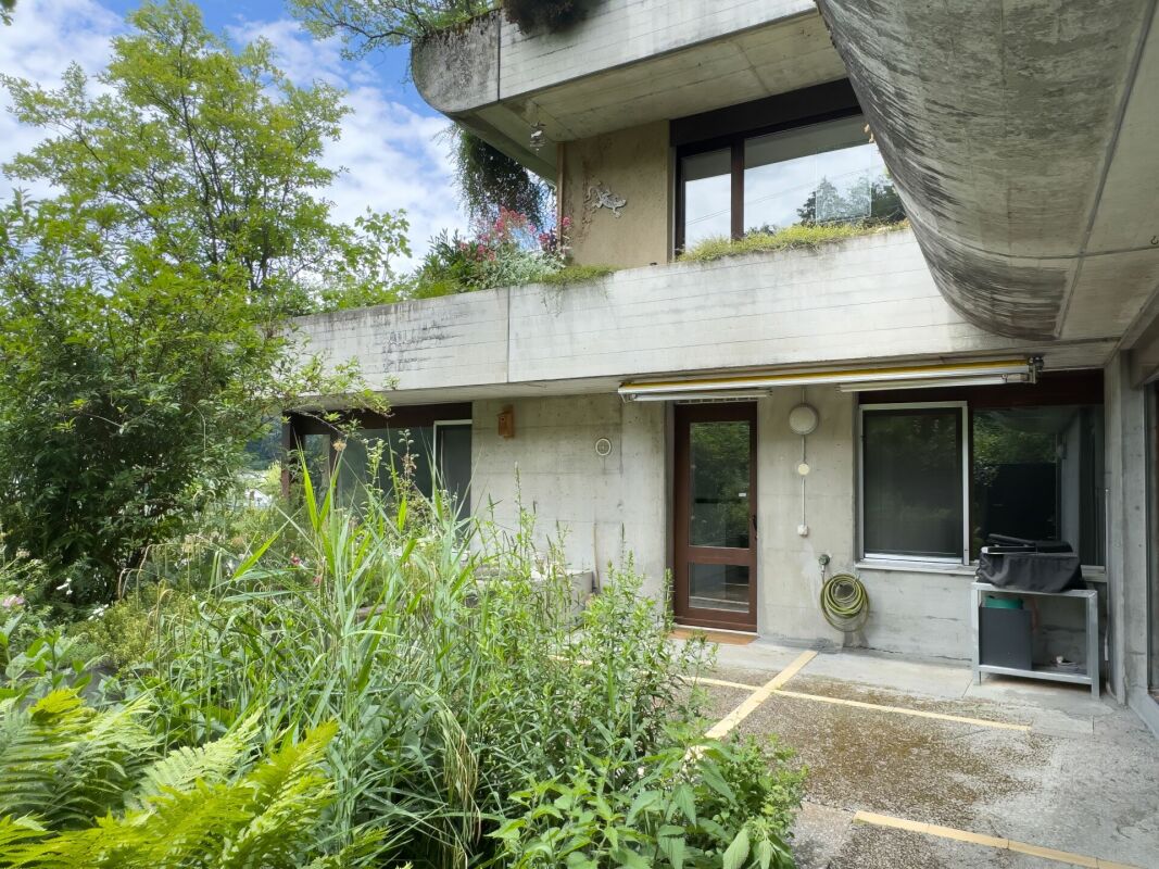Betonterrasse mit begrünter Außenanlage