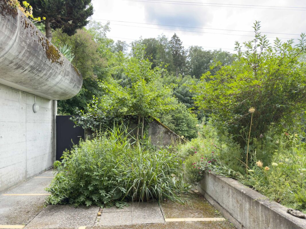 Urbane Grünfläche mit Betonbau
