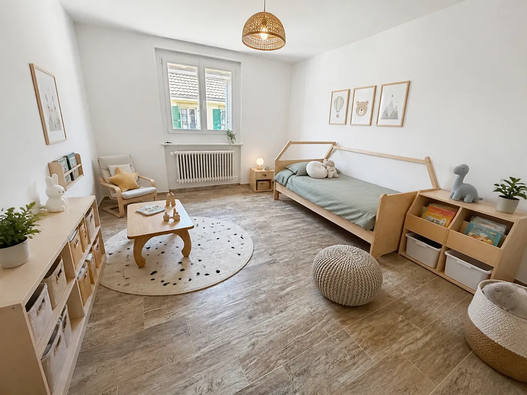 Helles Kinderzimmer mit Holzmöbeln