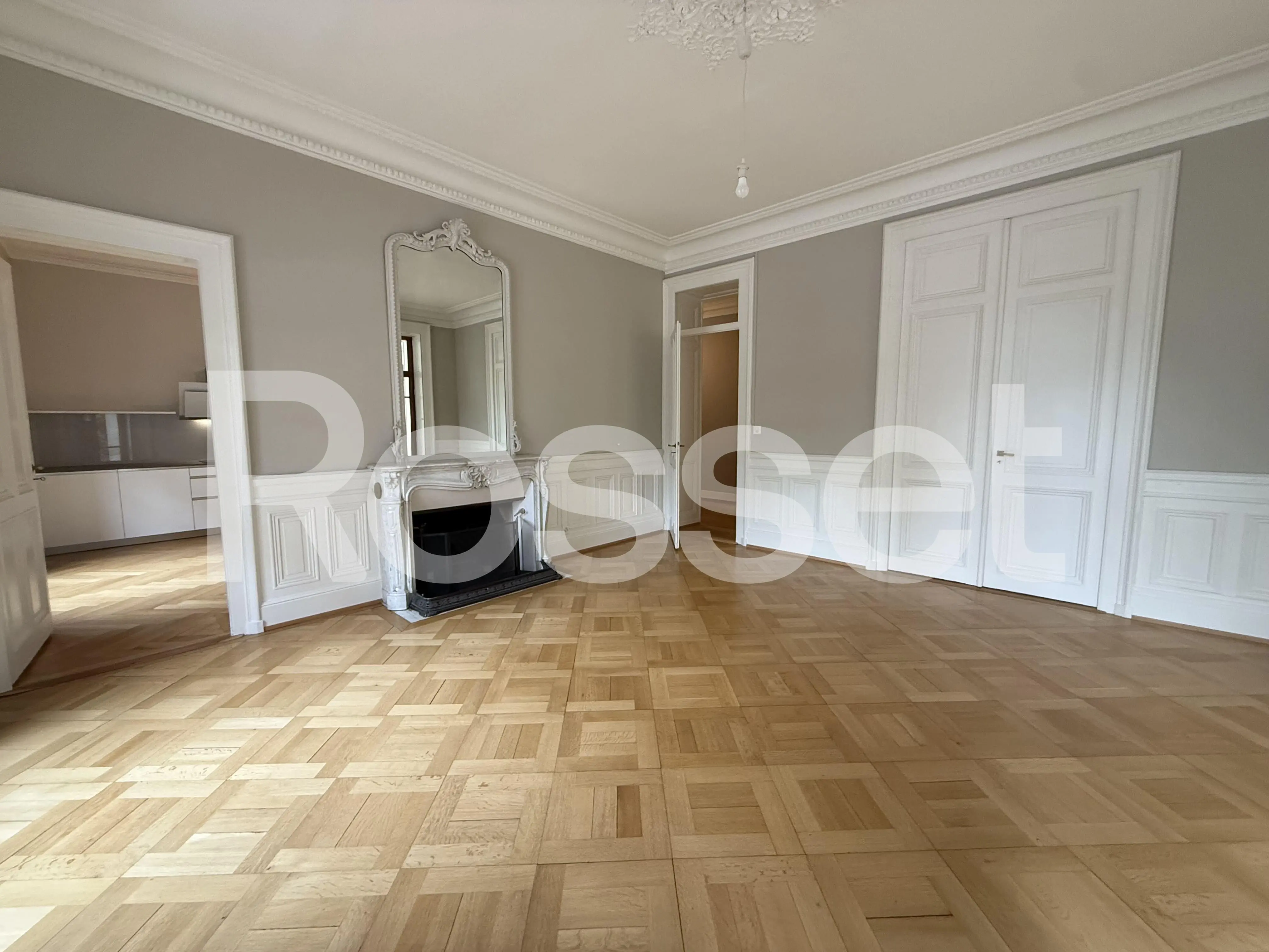 Eleganter Altbau-Raum mit Kamin und Parkett