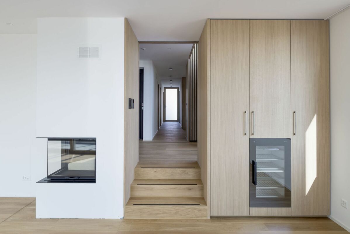 Moderner Flur mit Einbauschrank und Kaminöffnung