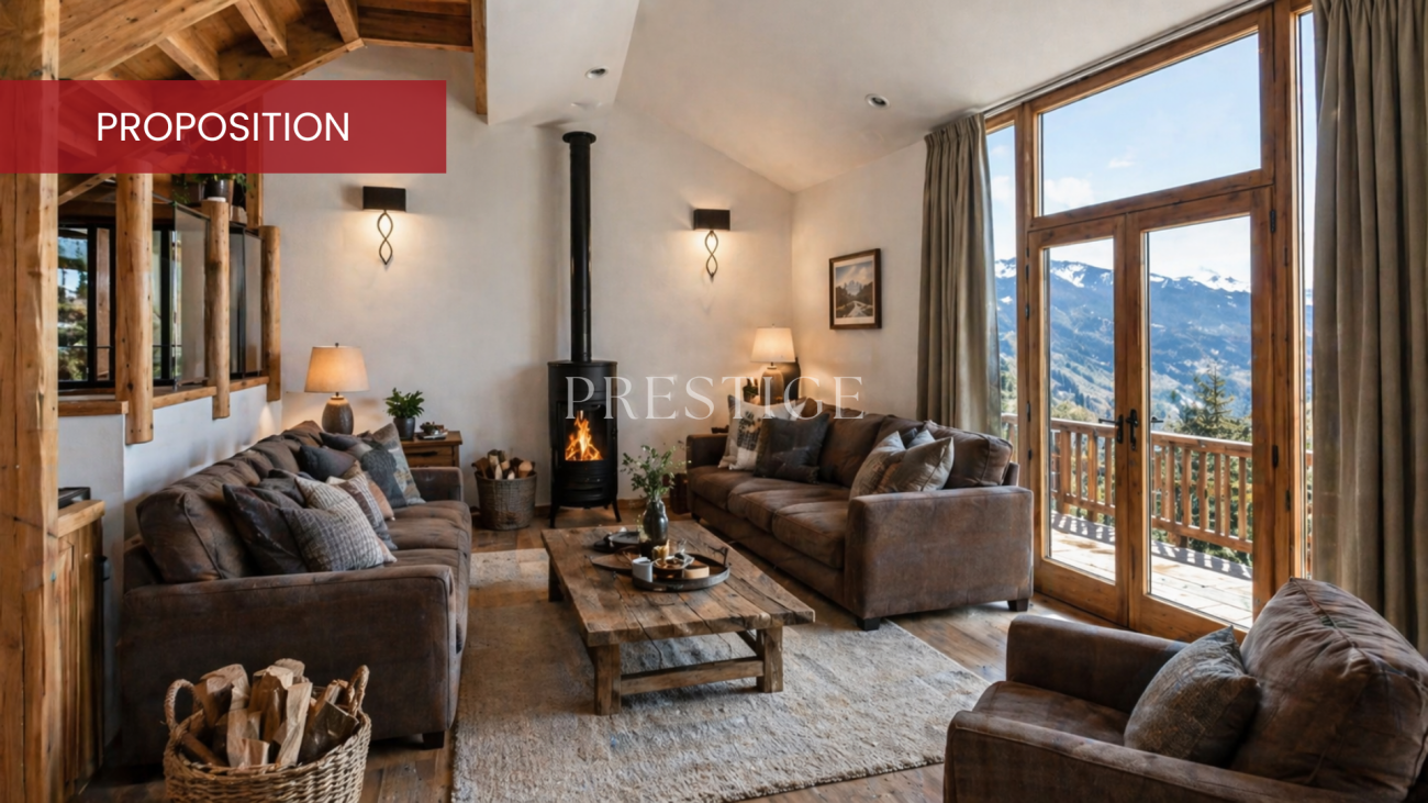 Gemütliches alpines Wohnzimmer mit Kamin und Bergblick