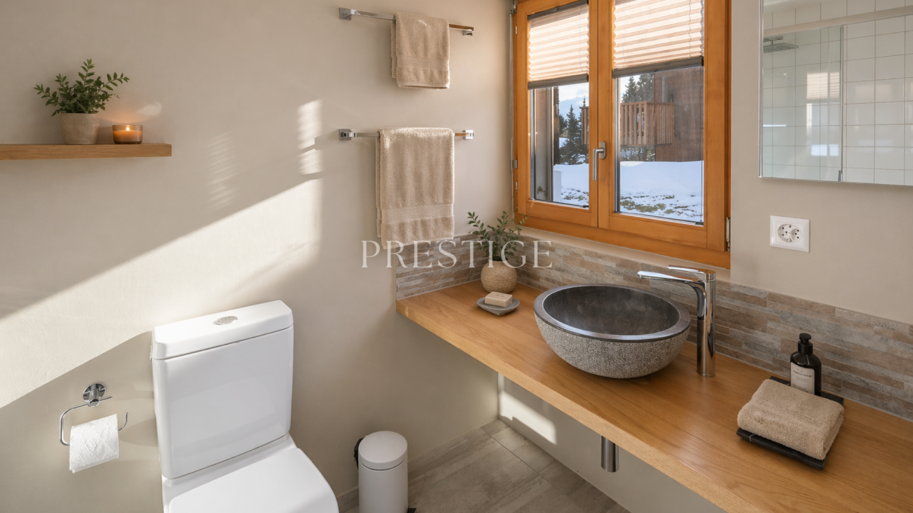 Modernes Badezimmer mit Holzfenster und Natursteinwaschbecken
