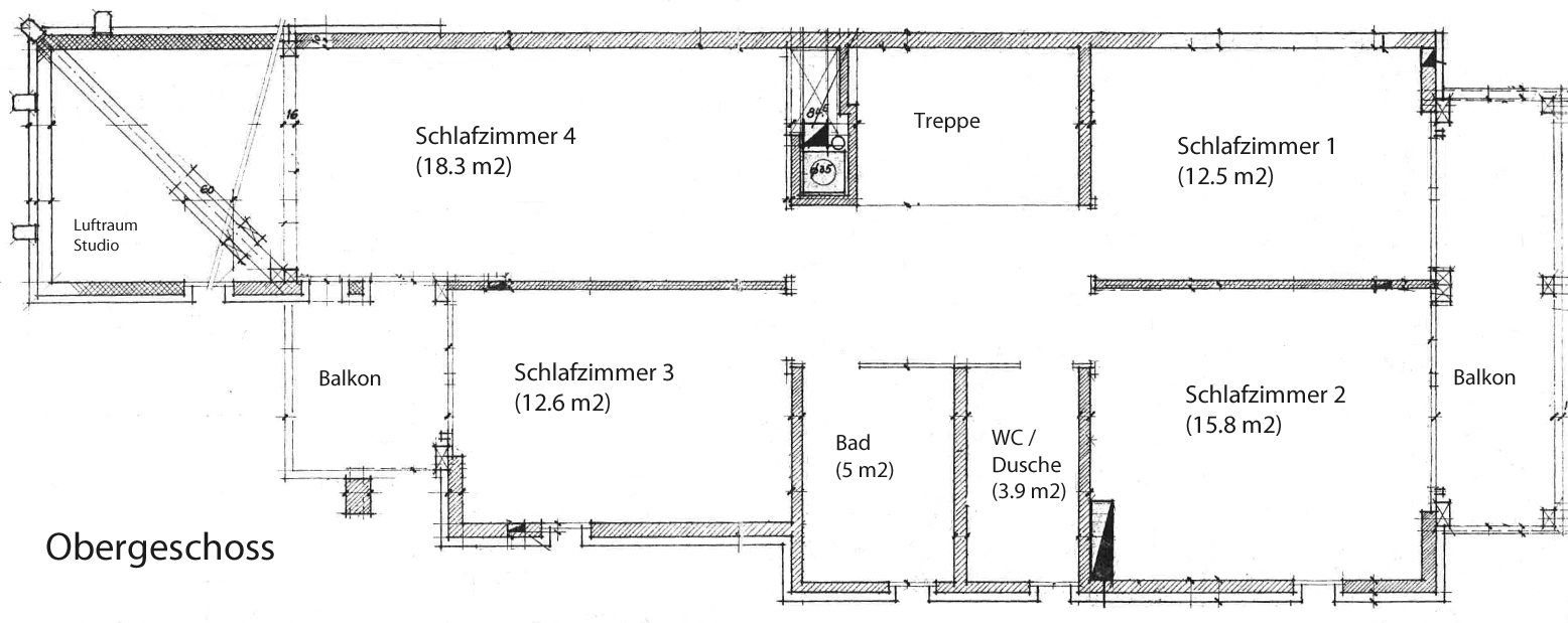 Obergeschoss-Grundriss mit Schlafzimmern, Bad, WC/Dusche, Treppe und Balkonen