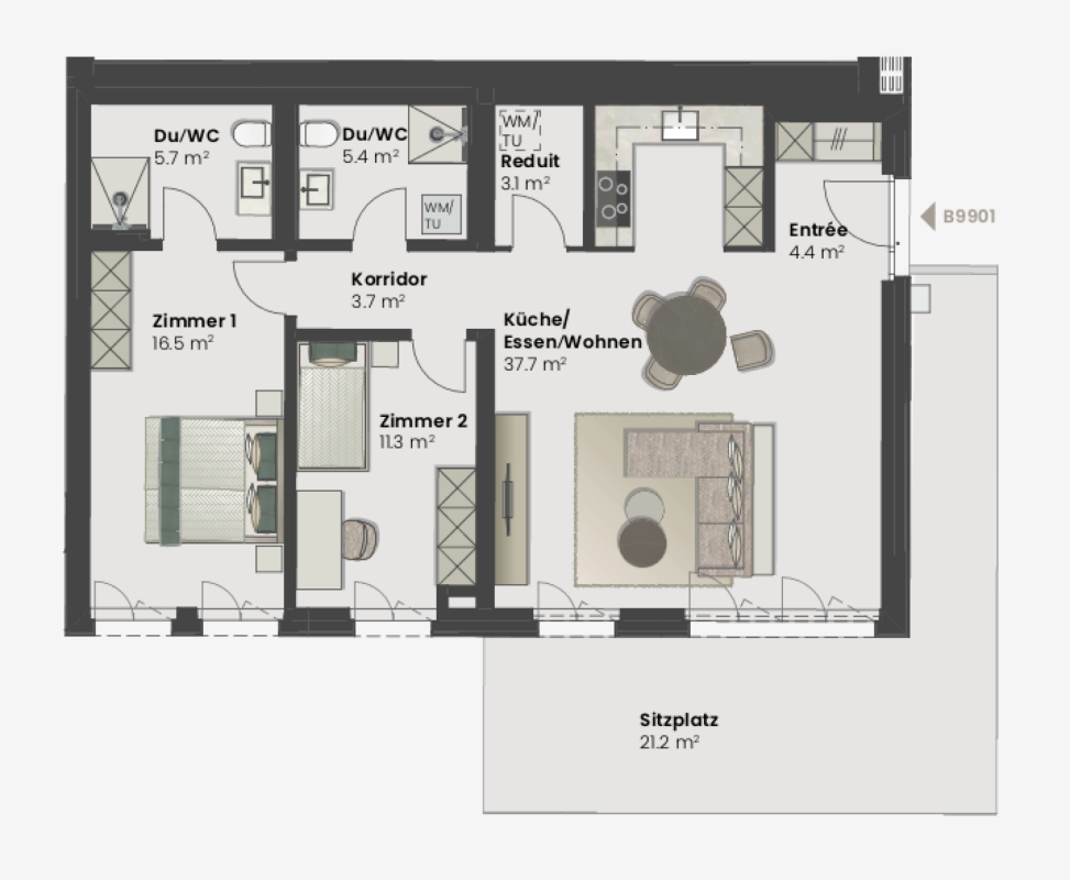 Grundriss einer Wohnung mit zwei Zimmern, zwei Duschbädern, Küche/Essen/Wohnen und Sitzplatz