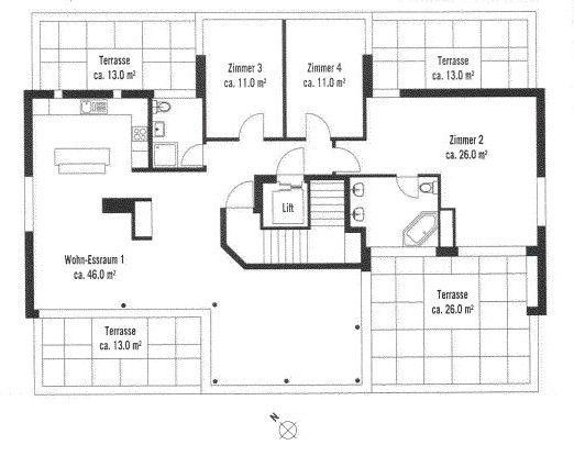 Grundriss einer Wohnung mit Wohn-Essbereich, Schlafzimmern und Terrassen