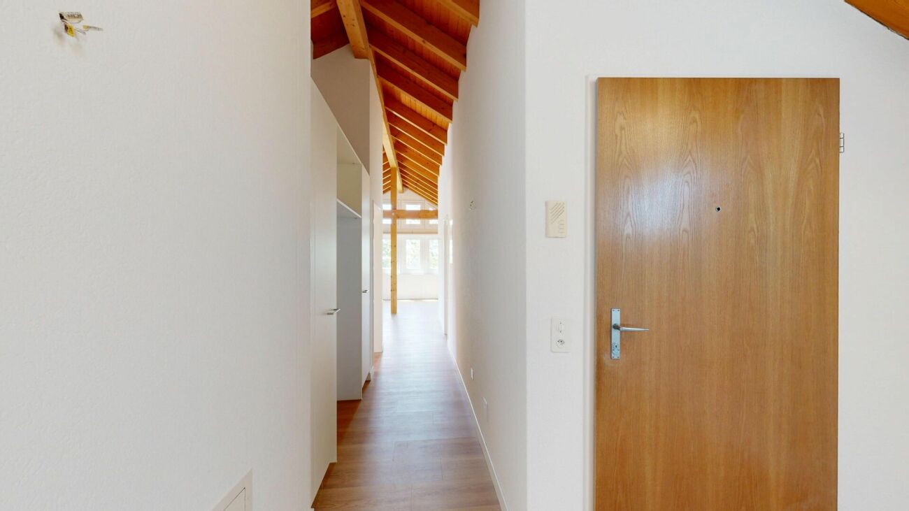Heller Flur mit Holztür und sichtbarer Dachkonstruktion