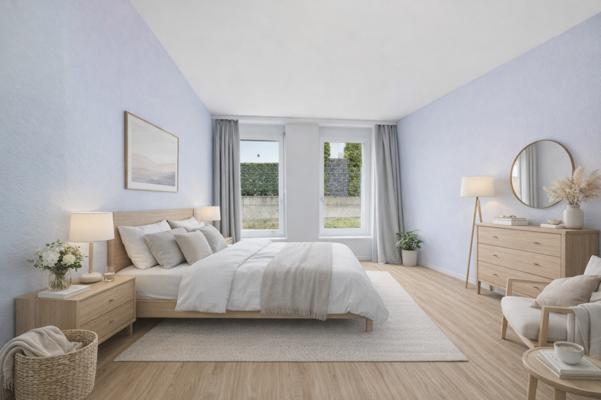 Helles, minimalistisches Schlafzimmer mit Holzdetails