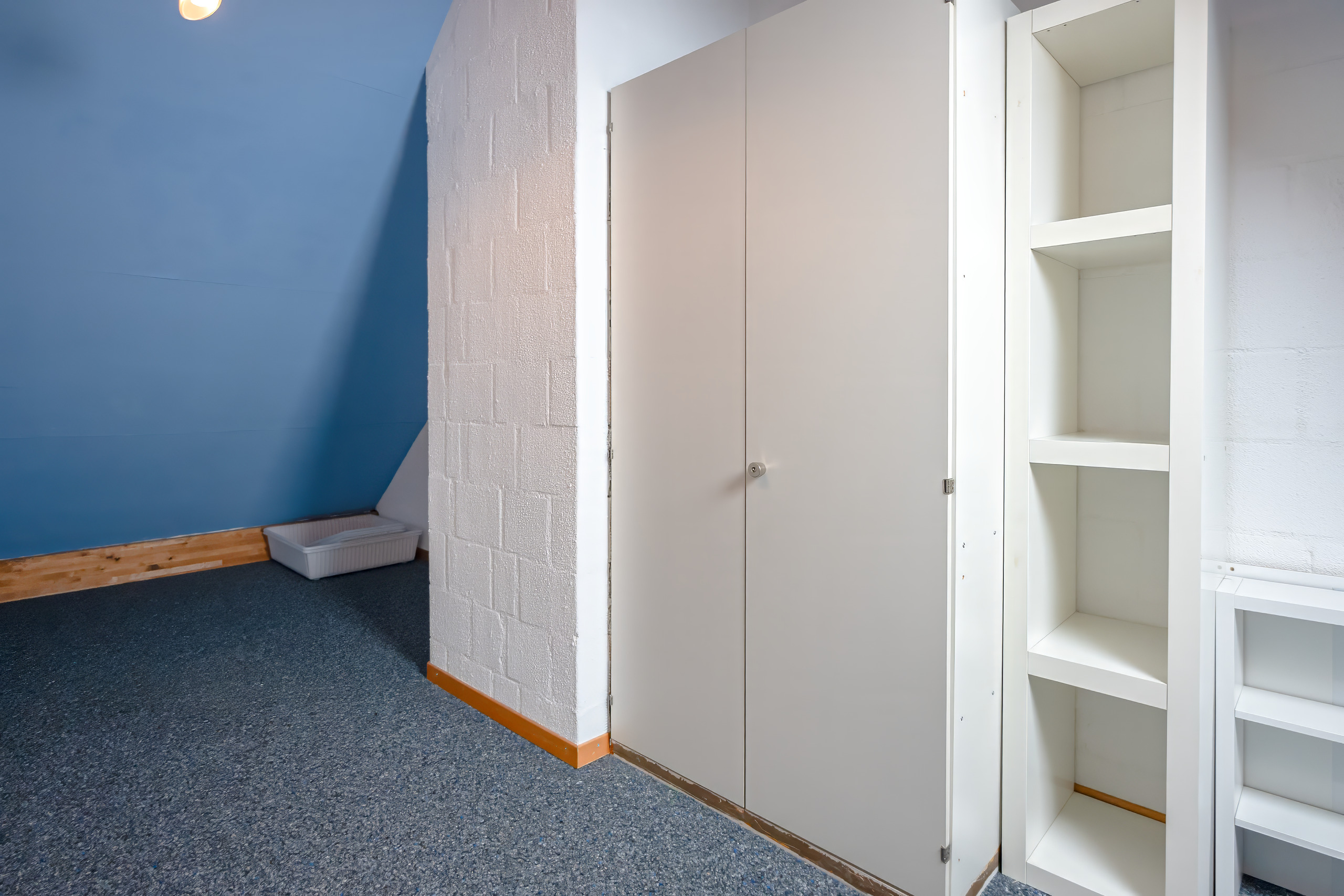 Kleiner Raum mit Einbauschrank und Teppichboden