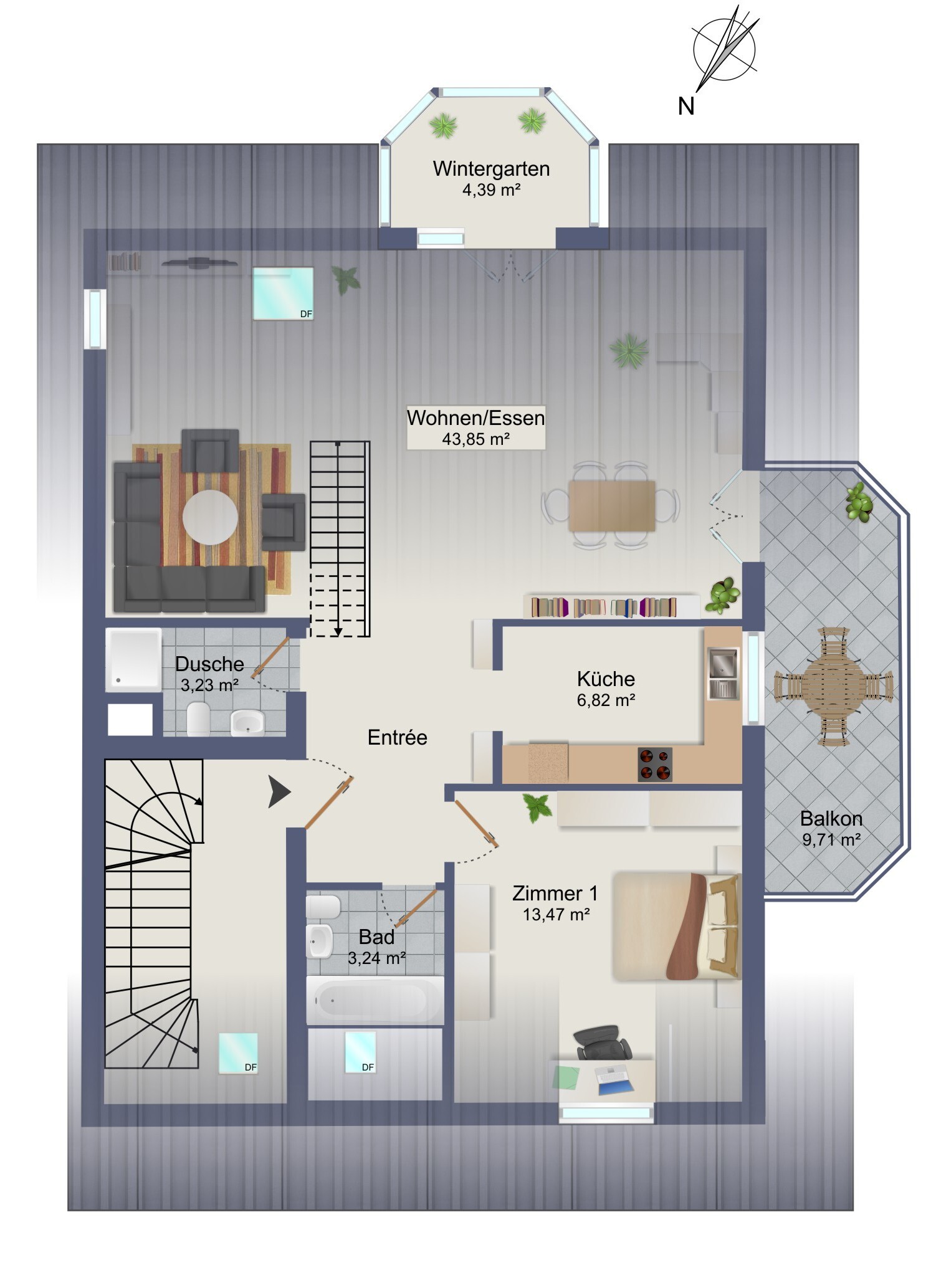 Grundriss mit Wohn-/Essbereich, Küche, Bad, Dusche, Zimmer, Balkon und Wintergarten