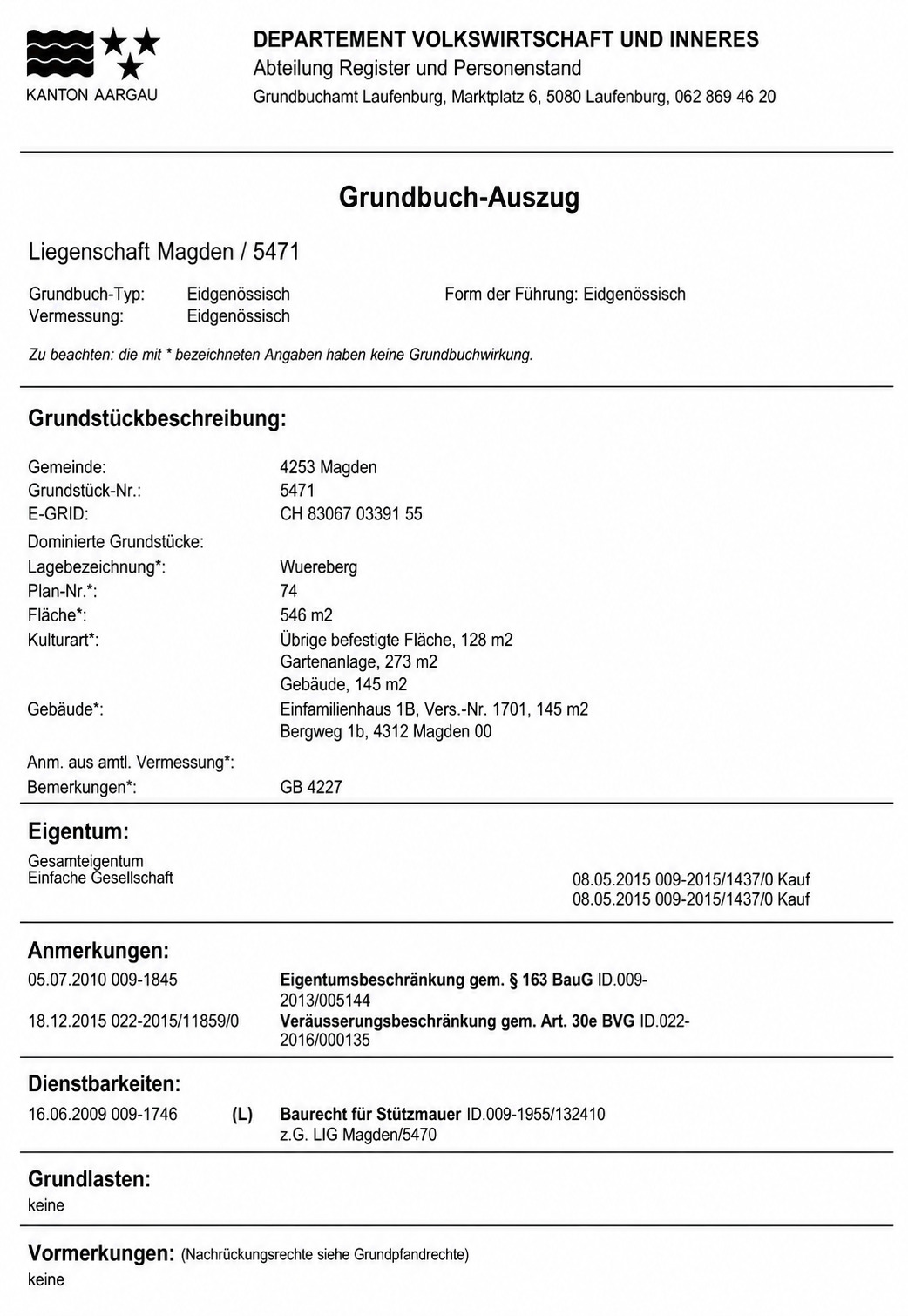 Grundbuch-Auszug mit Katasterangaben