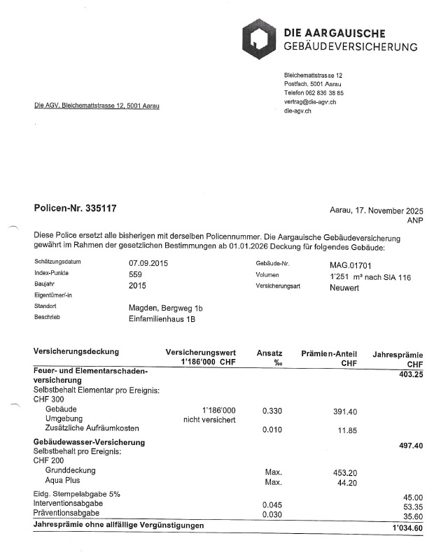 Versicherungsdokument der Aargauischen Gebäudeversicherung