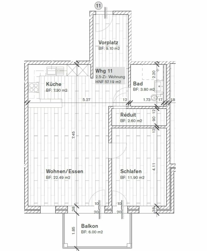 Grundriss einer 2,5-Zimmer-Wohnung