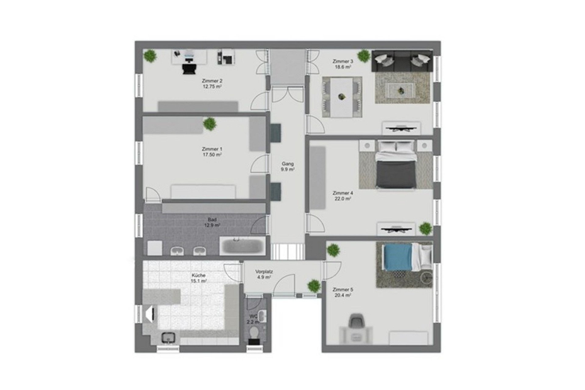 Grundriss einer Wohnung mit fünf Zimmern, Küche, Bad, WC, Vorplatz und Gang