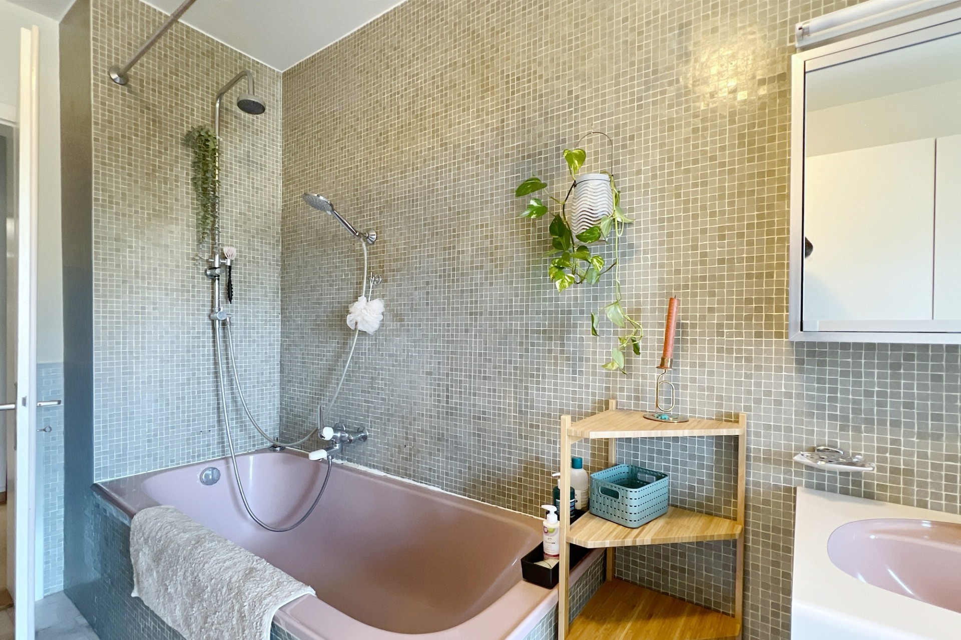 Modernes Badezimmer mit rosa Wanne und Mosaikwänden