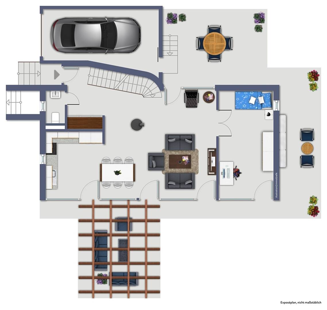 Exposé-Grundriss eines Hauses mit Garage, Wohnbereich und Terrasse