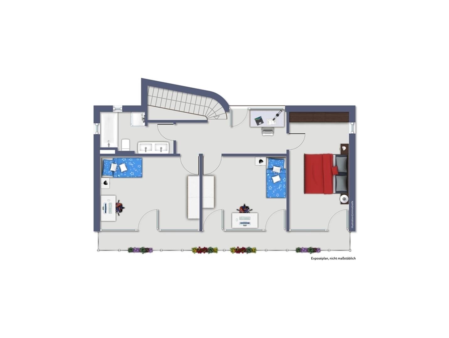 Grundriss eines Obergeschosses mit drei Zimmern, Bad und Flur