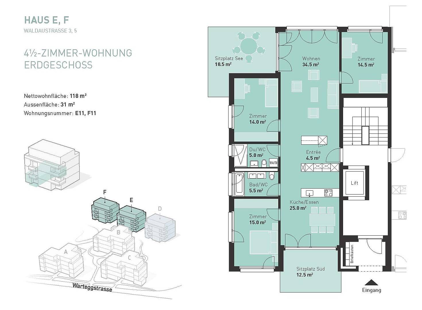 Grundriss einer 4½-Zimmer-Wohnung im Erdgeschoss