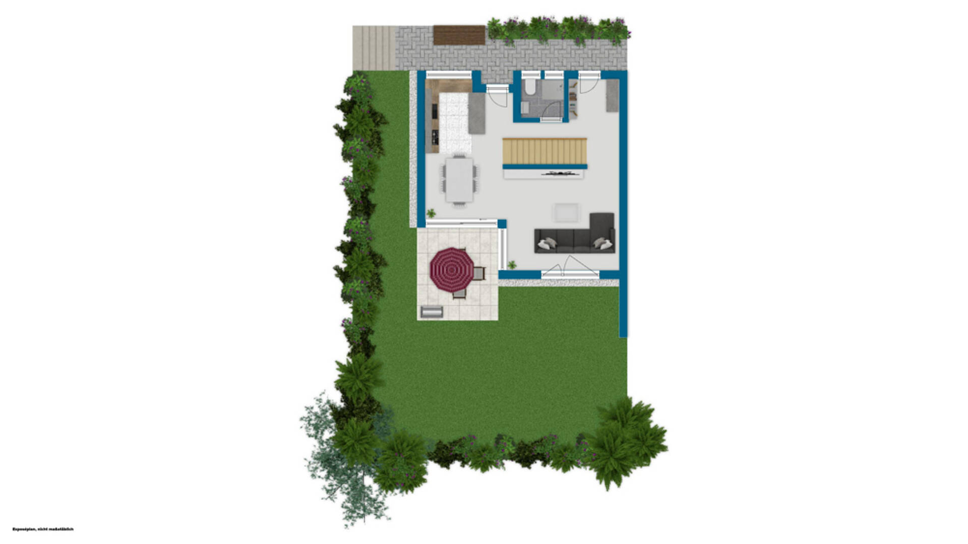 Grundriss einer Wohnung mit Garten und Terrasse