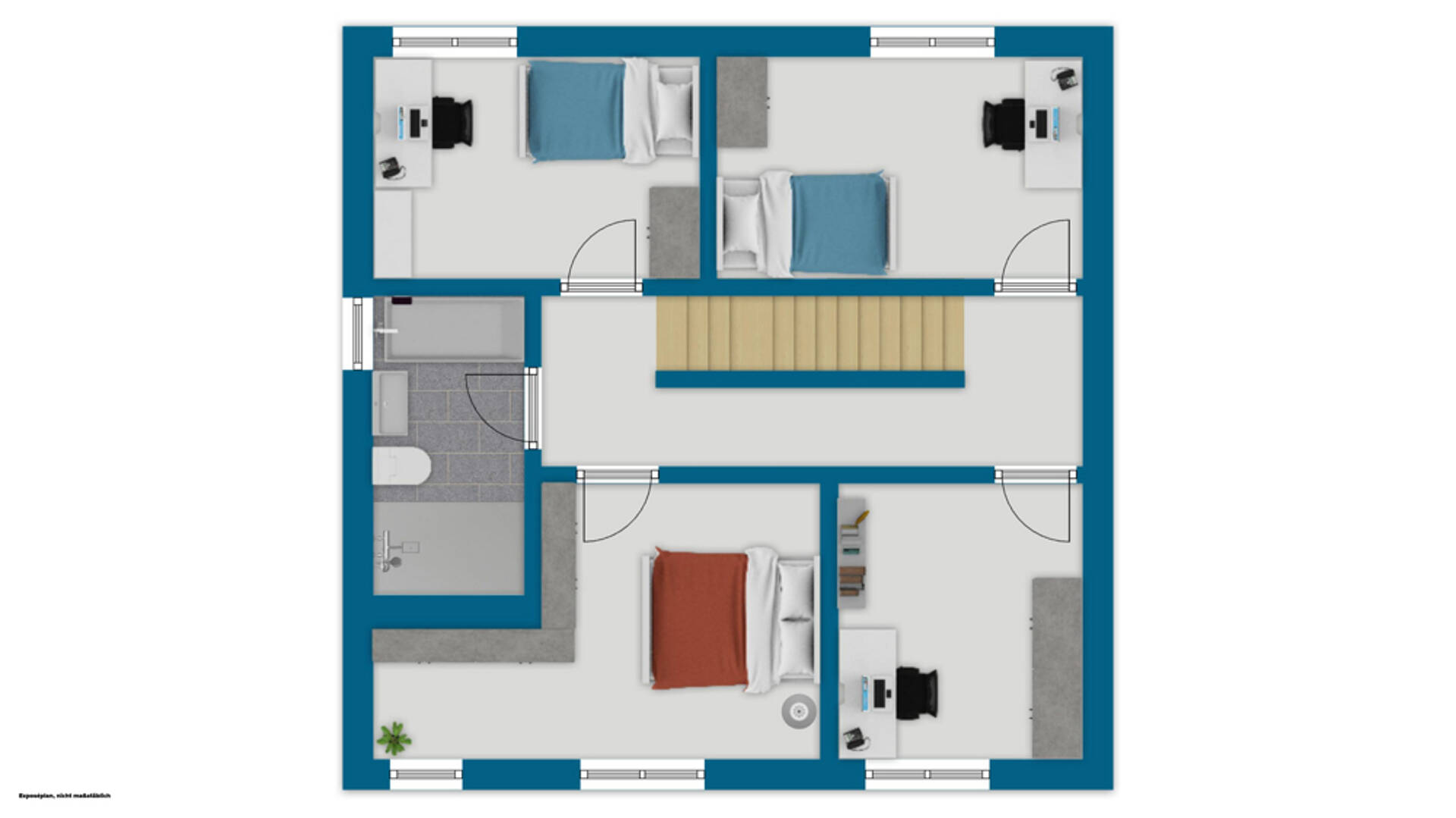 Grundriss einer Wohnung mit vier Schlafzimmern und Bad