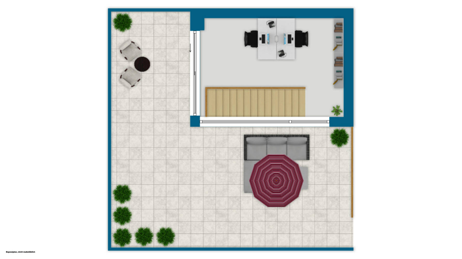 Draufsicht einer Terrasse mit angrenzendem Innenraum