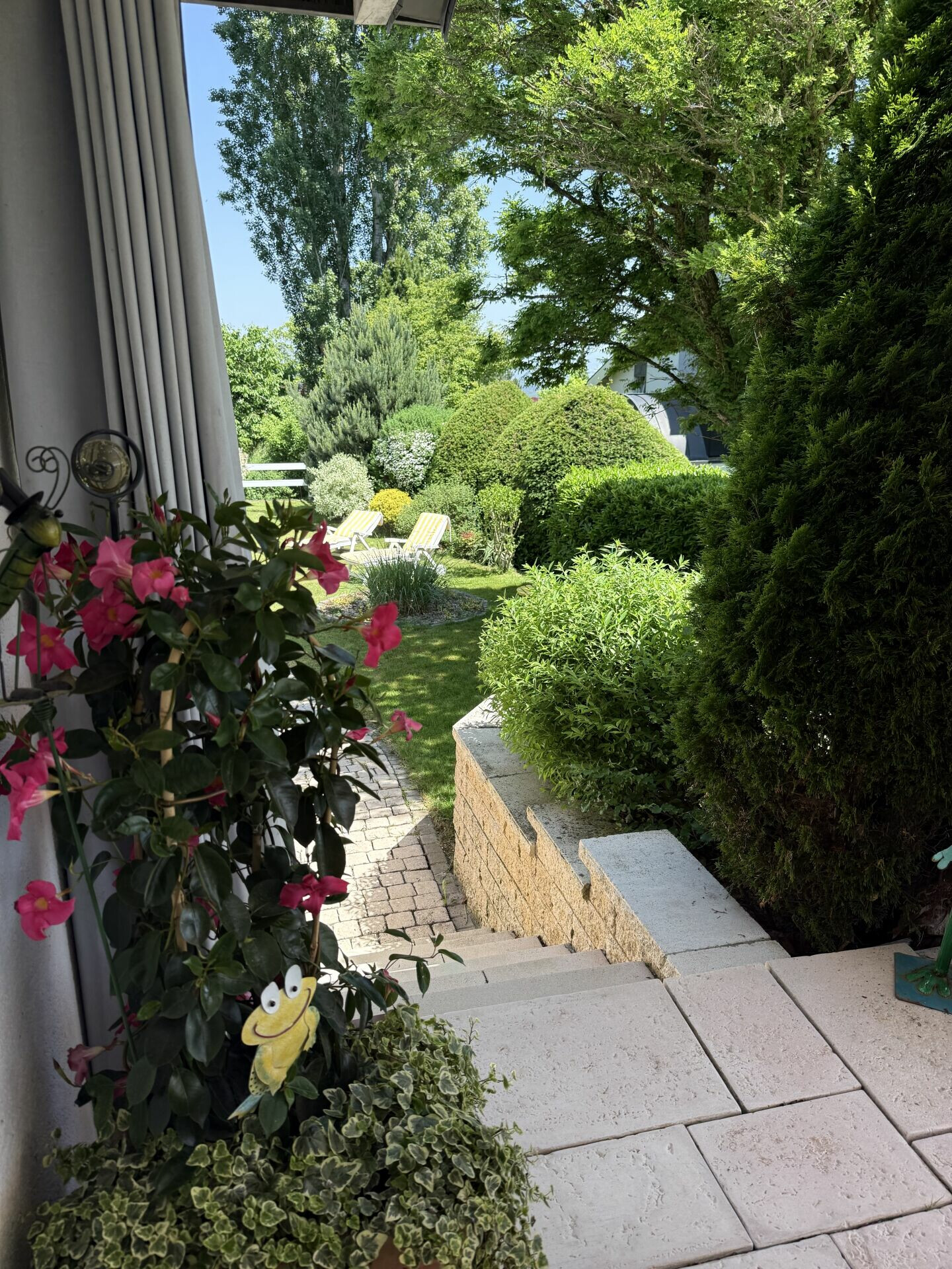 Blick in einen gepflegten Garten von einer Terrasse aus
