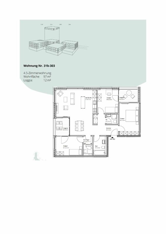 Wohnungsgrundriss mit 4,5 Zimmern