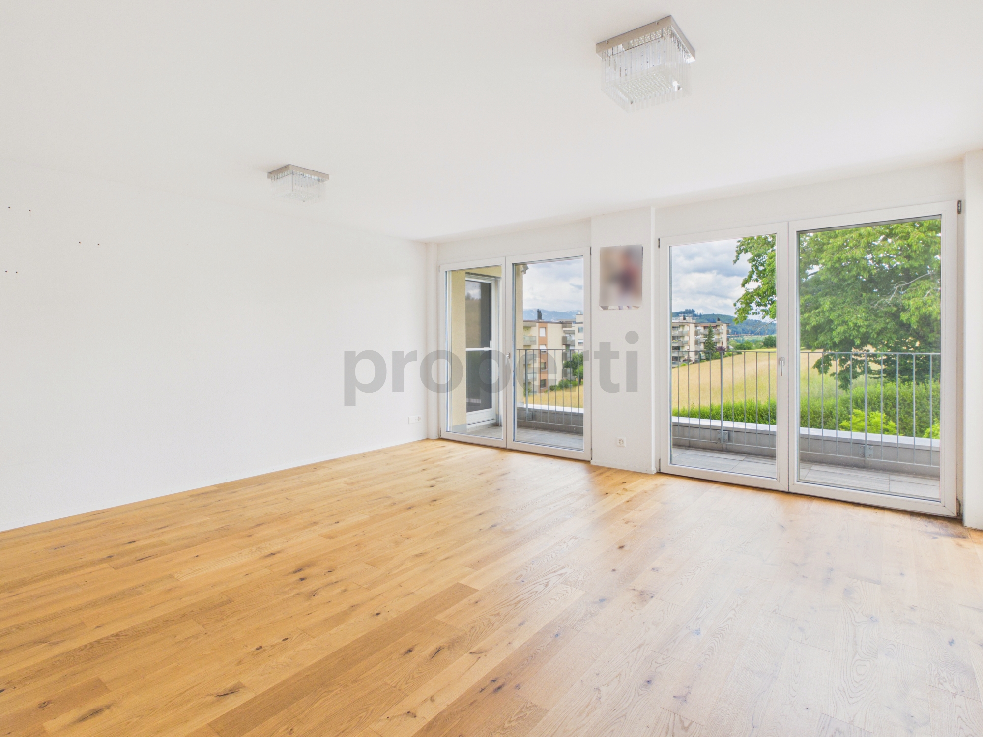 Heller leerer Wohnraum mit Balkonblick