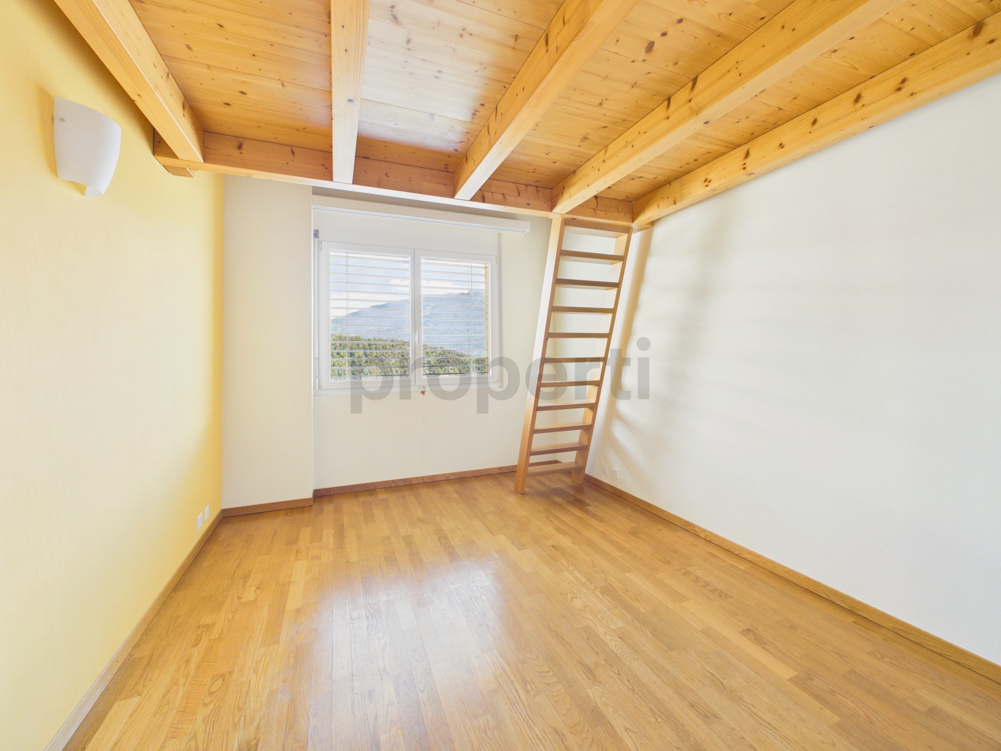Heller Dachraum mit Holzdecke und Leiter