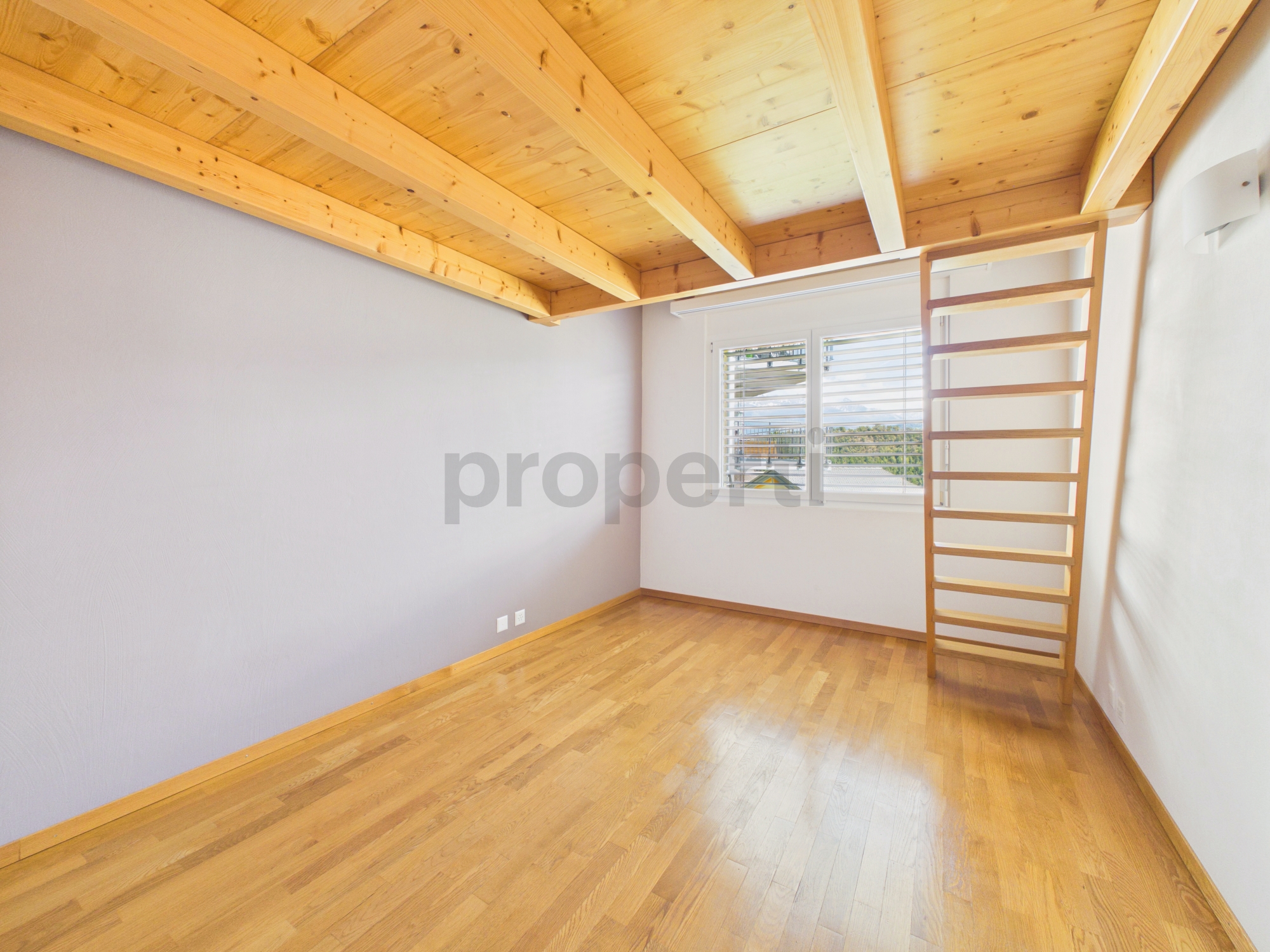 Heller Dachraum mit Holzdecke und Leiter