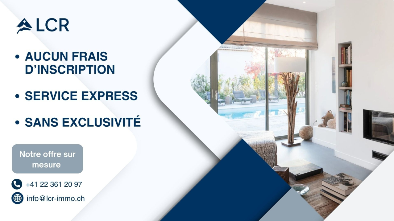 Werbliches Wohnraum-Exposé mit Wohnzimmer und Poolblick