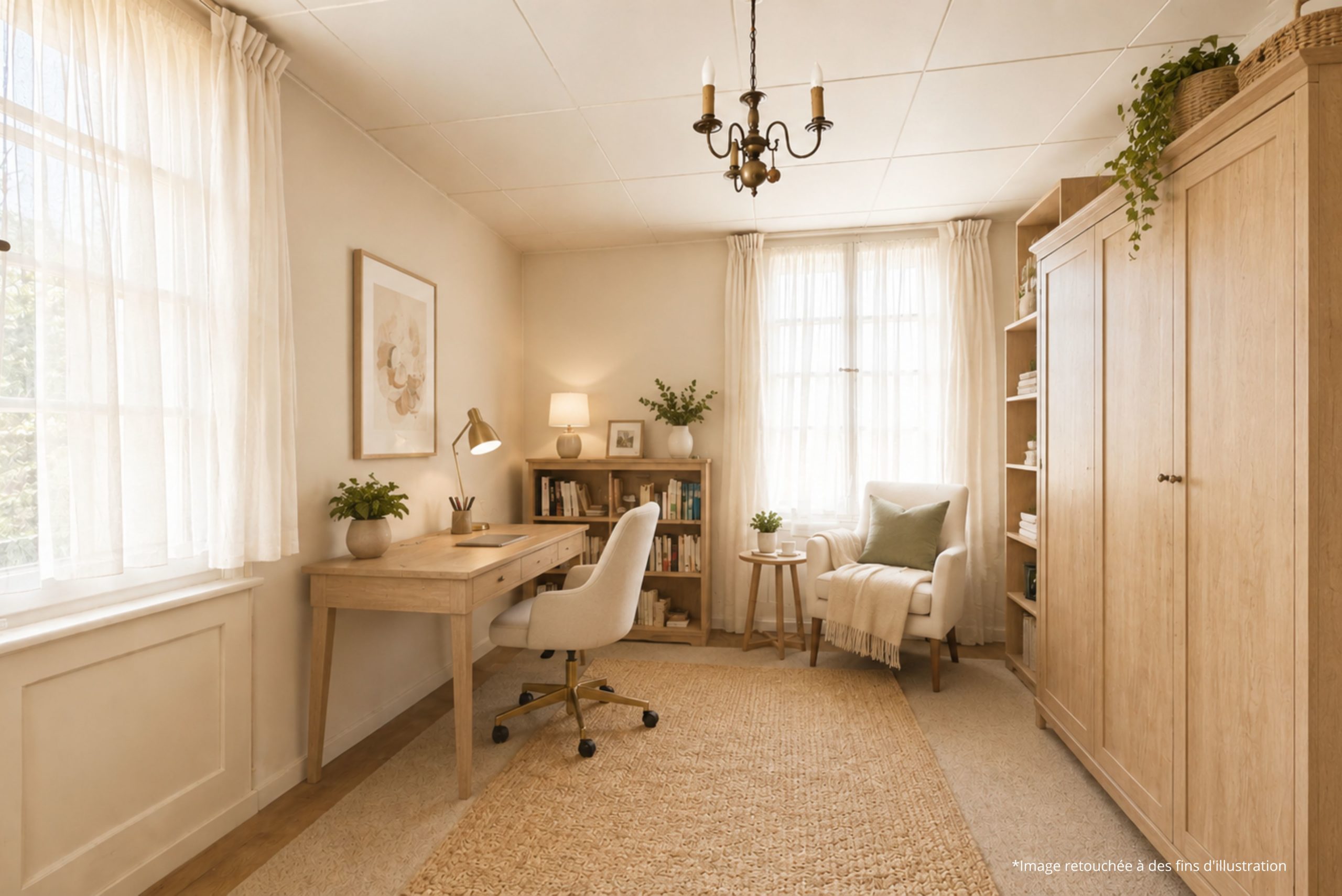 Helles, gemütliches Arbeitszimmer mit natürlicher Holzoptik