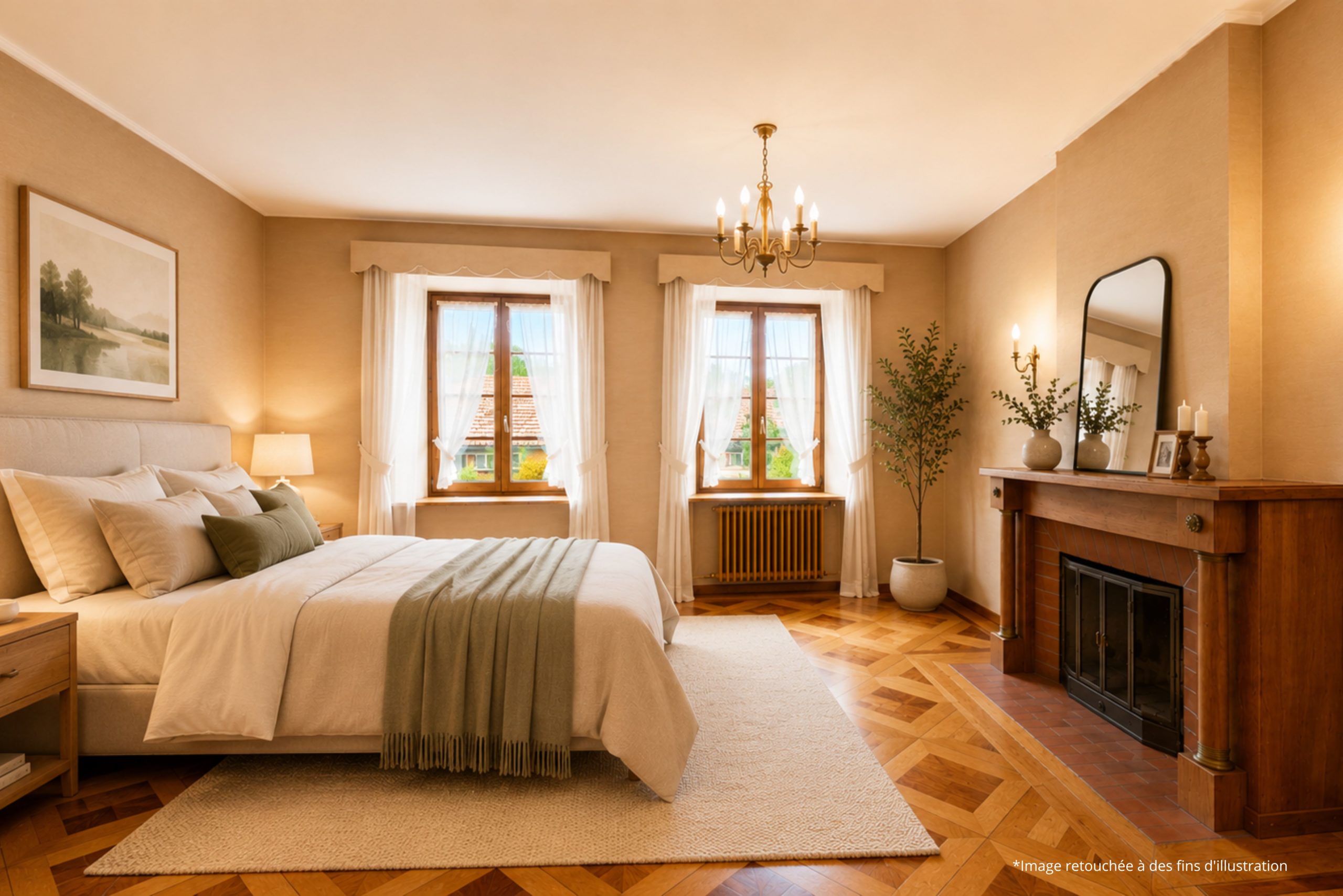 Gemütliches Schlafzimmer mit Kamin und klassischer Einrichtung