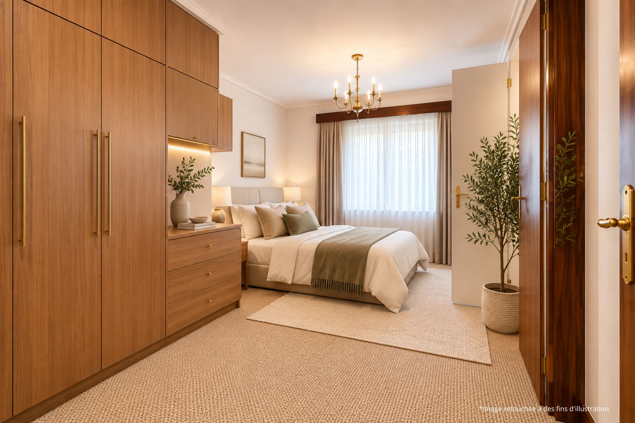 Gemütliches, helles Schlafzimmer mit warmen Holzeinbauten