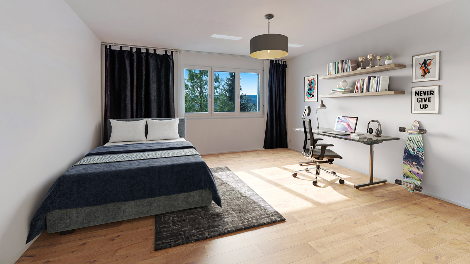 Helles Schlafzimmer mit Arbeitsbereich