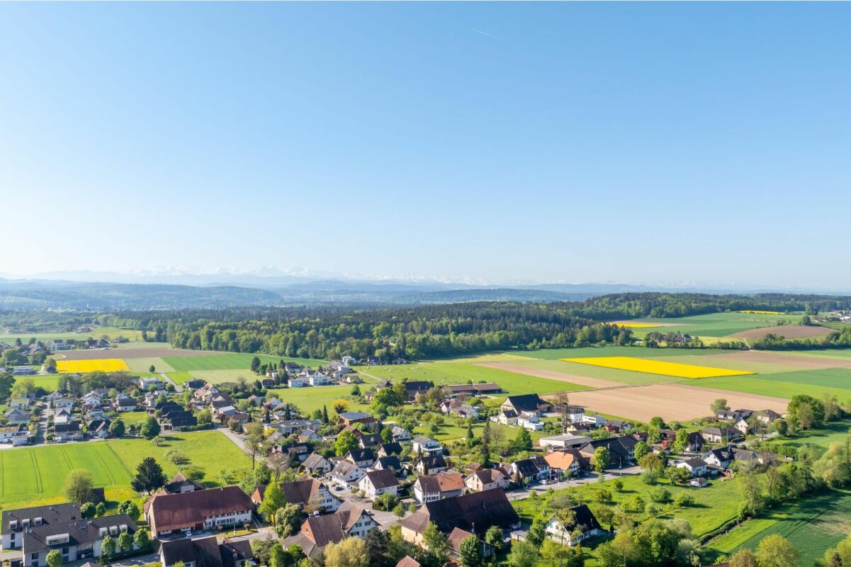 Luftaufnahme einer ländlichen Siedlung mit Feldern und Fernblick auf Berge