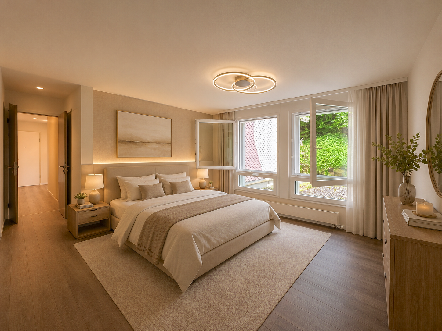 Helles, modernes Schlafzimmer mit großen Fenstern