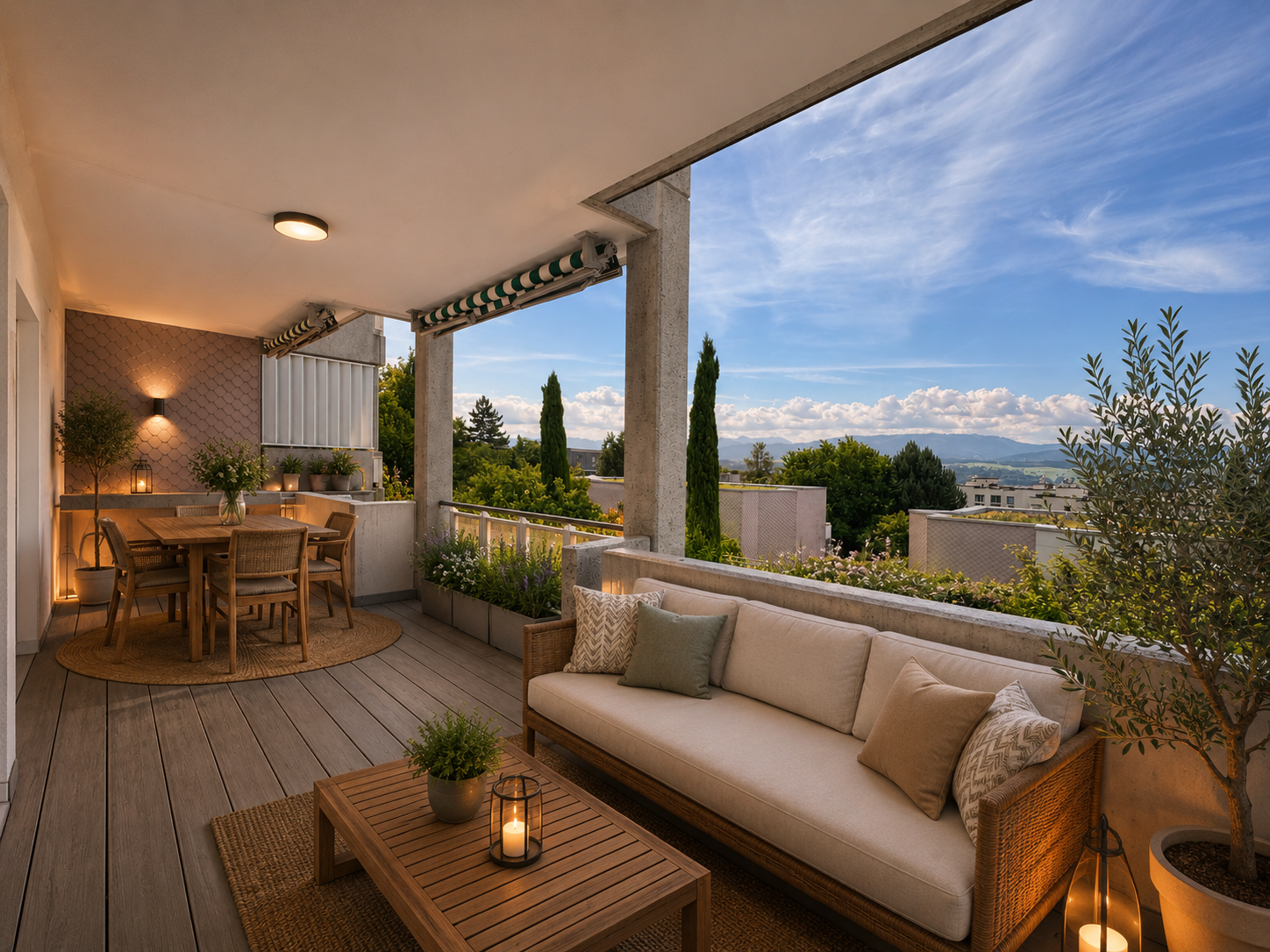 Überdachte Terrasse mit Lounge- und Essbereich