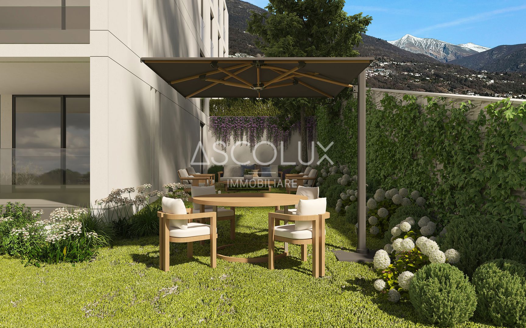 Gartenlounge mit Pergola und Bergblick