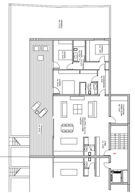 Grundriss eines Hauses mit Terrasse und mehreren Zimmern